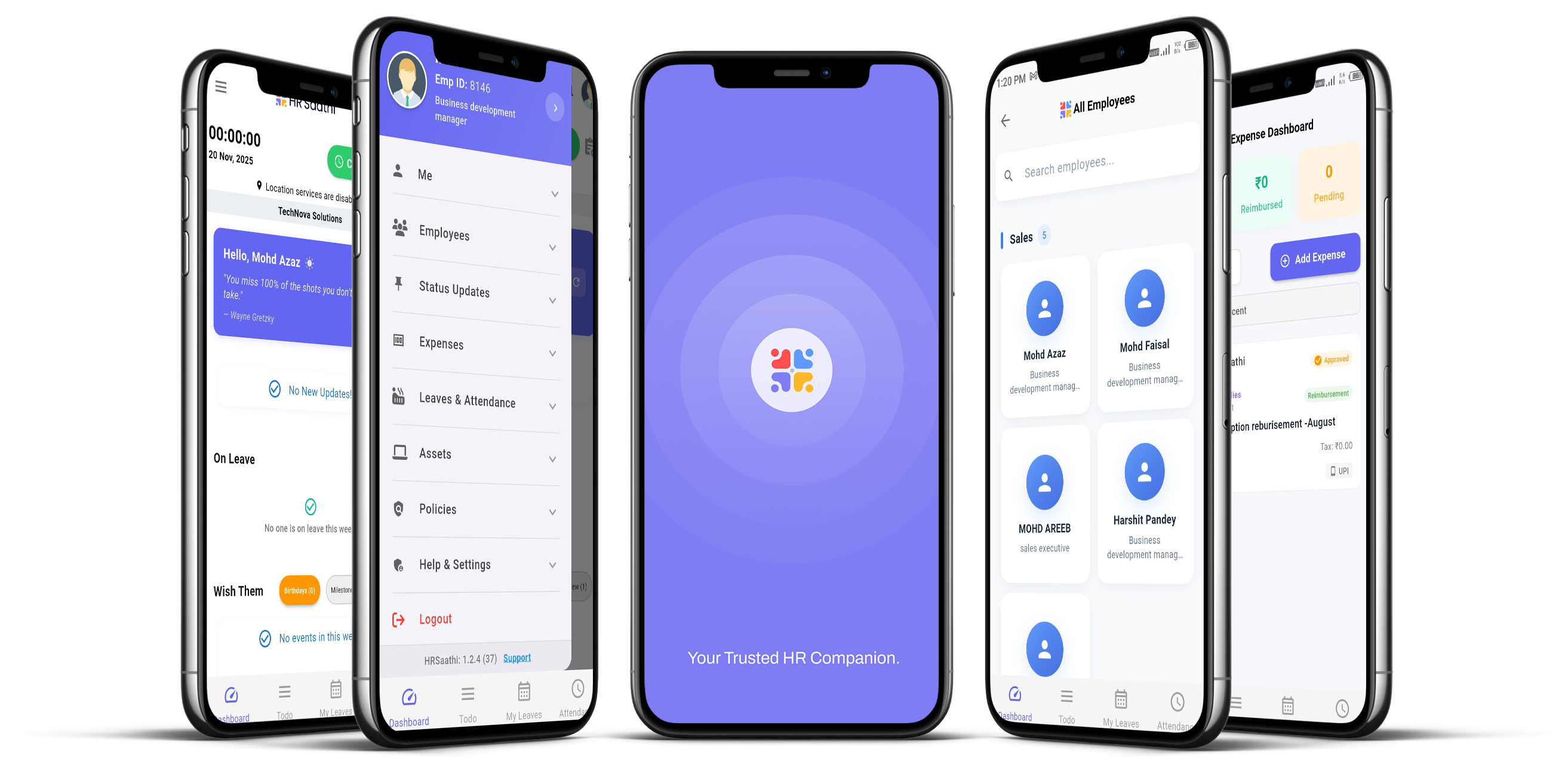 HRSaathi Mobile App - Five iPhone mockups showing app features
